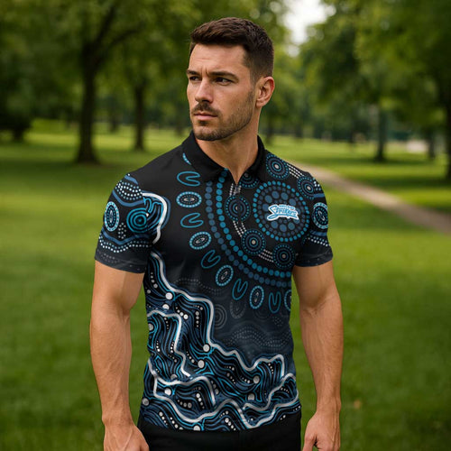 Adelaide Strikers Cricket Mascot Zipper Polo Shirt Aboriginal Dot Art Blue And Black Tribal Pattern