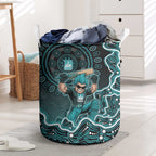 Brisbane Heat Cricket Mascot Laundry Basket Aboriginal Dot Art Cyan And Black Tribal Pattern