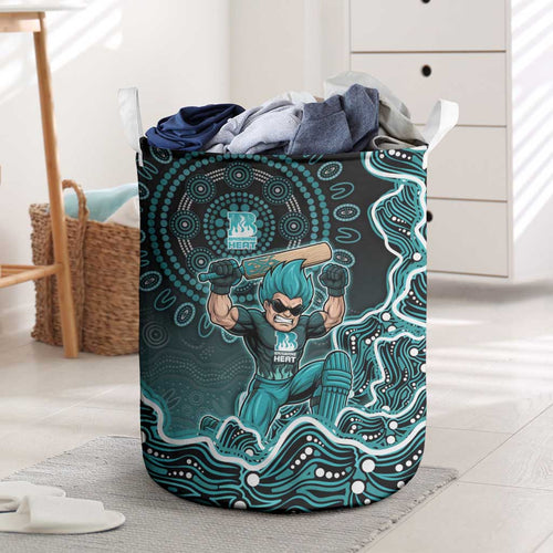 Brisbane Heat Cricket Mascot Laundry Basket Aboriginal Dot Art Cyan And Black Tribal Pattern