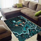 Brisbane Heat Cricket Mascot Area Rug Aboriginal Dot Art Cyan And Black Tribal Pattern