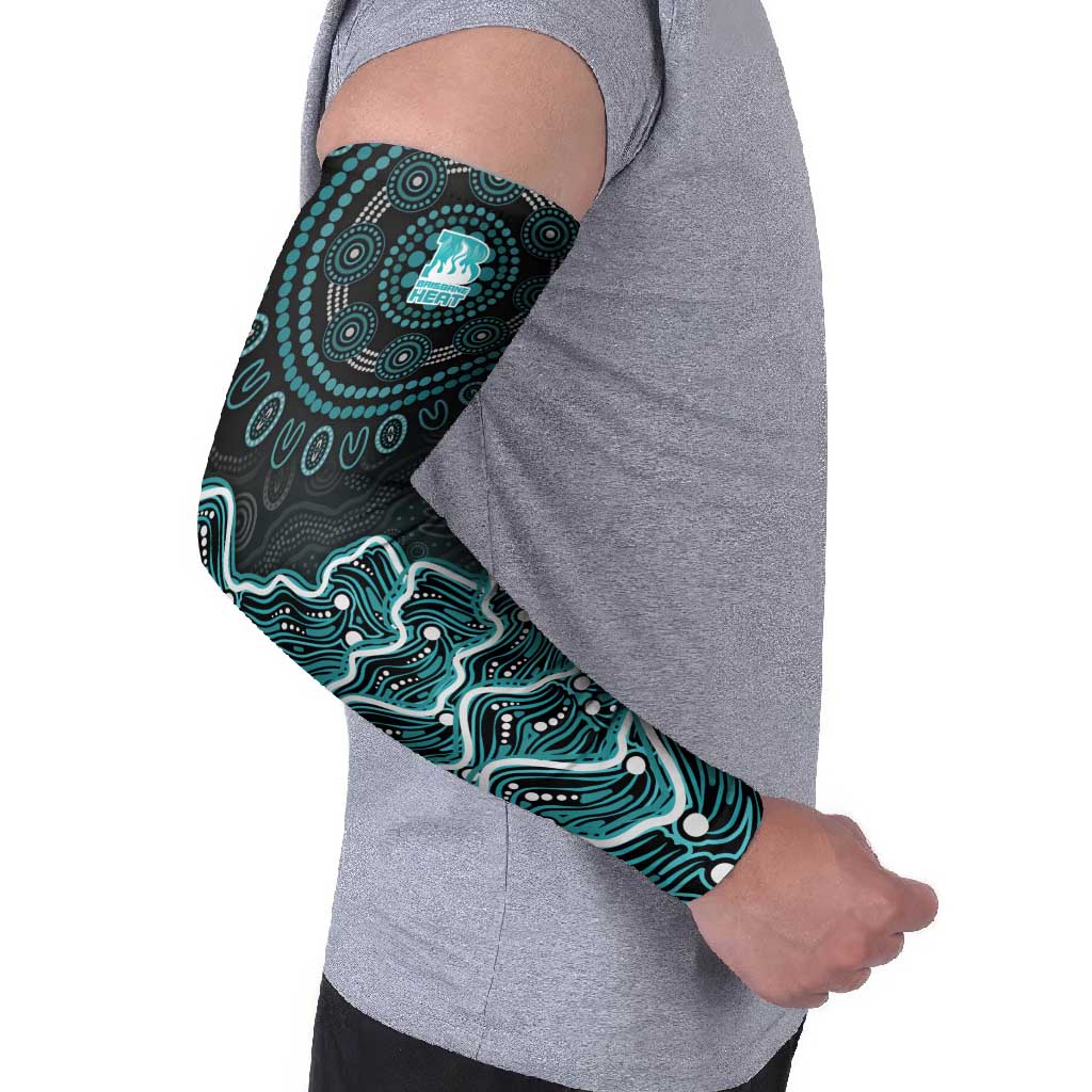Brisbane Heat Cricket Mascot Arm Sleeves Aboriginal Dot Art Cyan And Black Tribal Pattern