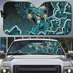 Brisbane Heat Cricket Mascot Auto Sun Shade Aboriginal Dot Art Cyan And Black Tribal Pattern
