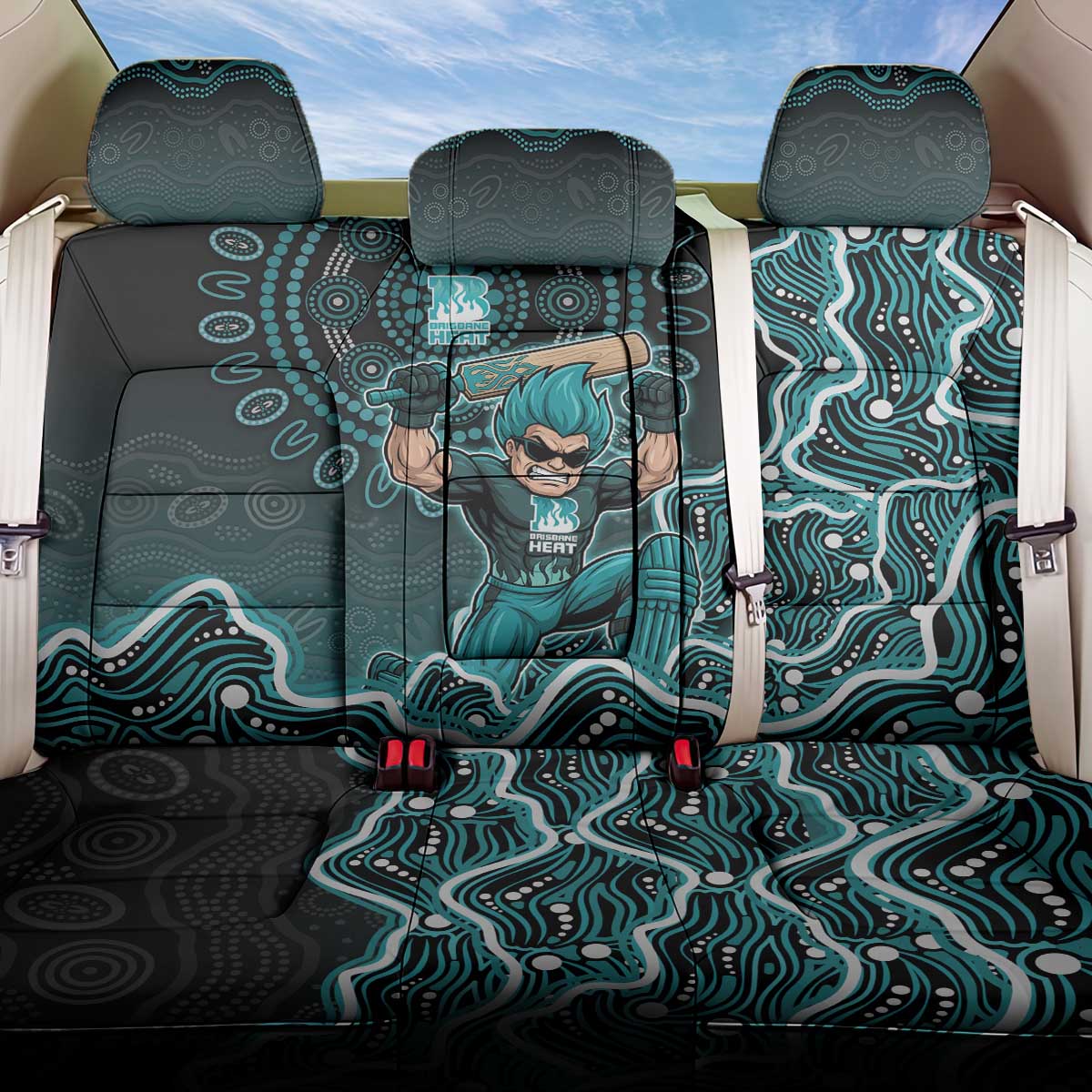 Brisbane Heat Cricket Mascot Back Car Seat Cover Aboriginal Dot Art Cyan And Black Tribal Pattern