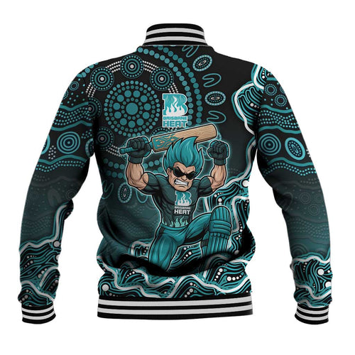Brisbane Heat Cricket Mascot Baseball Jacket Aboriginal Dot Art Cyan And Black Tribal Pattern
