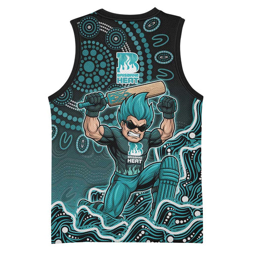Brisbane Heat Cricket Mascot Basketball Jersey Aboriginal Dot Art Cyan And Black Tribal Pattern