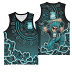Brisbane Heat Cricket Mascot Basketball Jersey Aboriginal Dot Art Cyan And Black Tribal Pattern