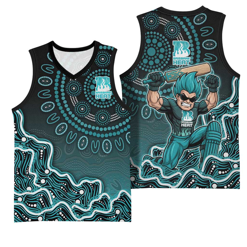 Brisbane Heat Cricket Mascot Basketball Jersey Aboriginal Dot Art Cyan And Black Tribal Pattern