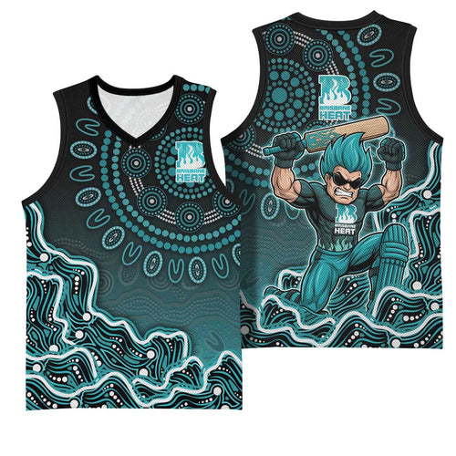 Brisbane Heat Cricket Mascot Basketball Jersey Aboriginal Dot Art Cyan And Black Tribal Pattern