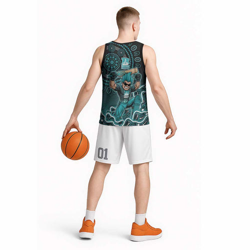 Brisbane Heat Cricket Mascot Basketball Jersey Aboriginal Dot Art Cyan And Black Tribal Pattern