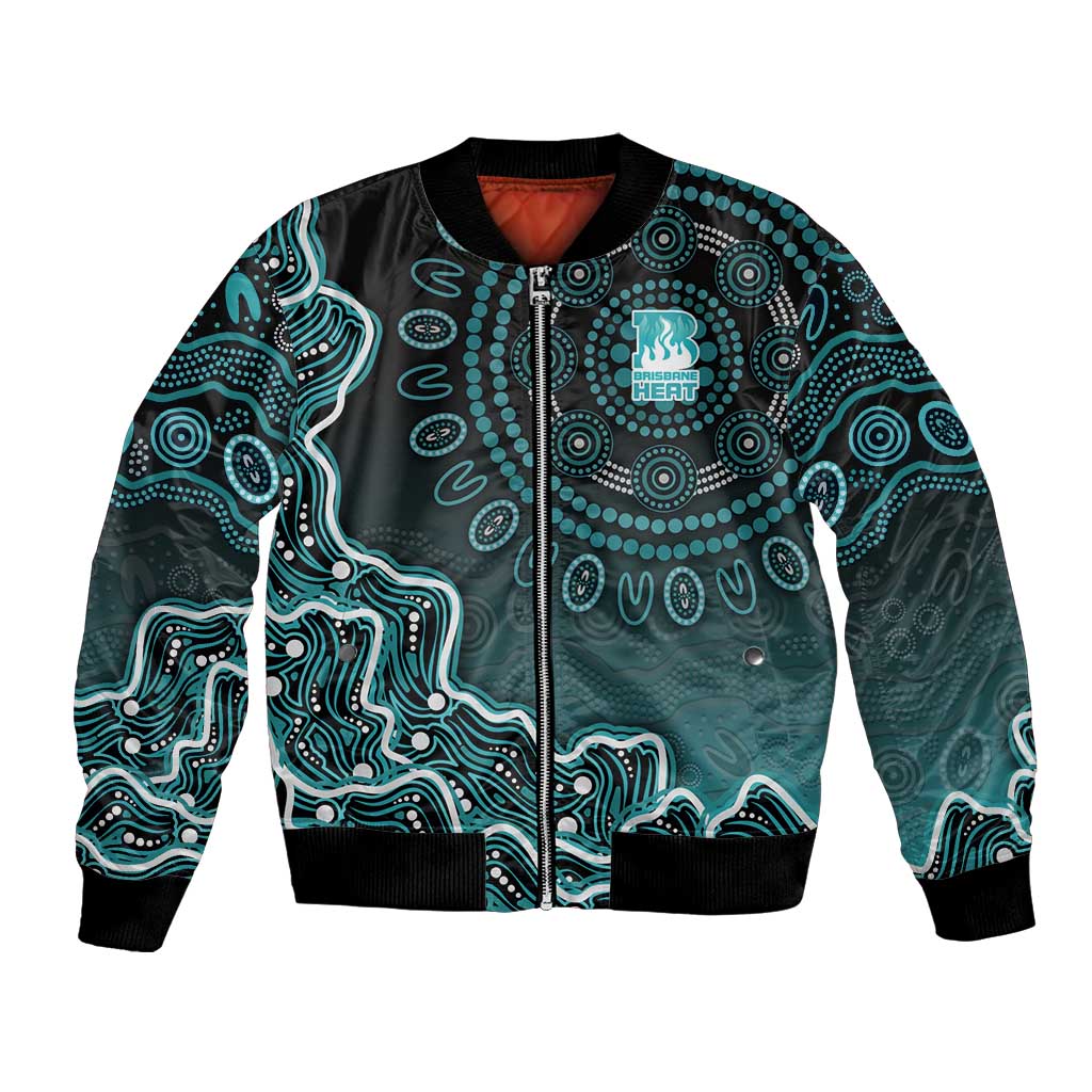 Brisbane Heat Cricket Mascot Bomber Jacket Aboriginal Dot Art Cyan And Black Tribal Pattern
