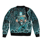 Brisbane Heat Cricket Mascot Bomber Jacket Aboriginal Dot Art Cyan And Black Tribal Pattern