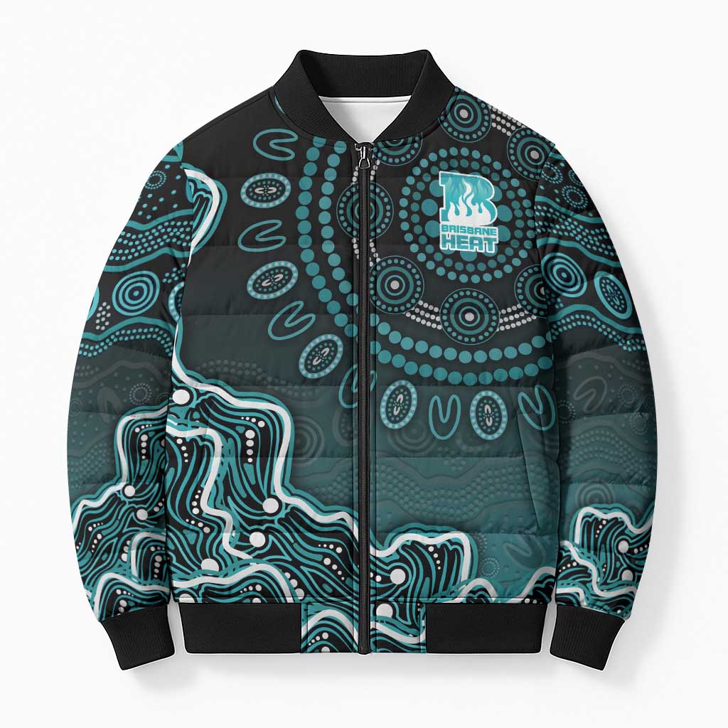 Brisbane Heat Cricket Mascot Bomber Puffer Jacket Aboriginal Dot Art Cyan And Black Tribal Pattern