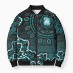 Brisbane Heat Cricket Mascot Bomber Puffer Jacket Aboriginal Dot Art Cyan And Black Tribal Pattern