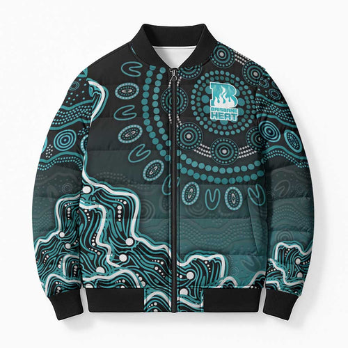 Brisbane Heat Cricket Mascot Bomber Puffer Jacket Aboriginal Dot Art Cyan And Black Tribal Pattern