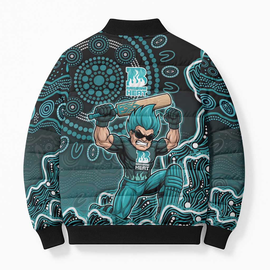 Brisbane Heat Cricket Mascot Bomber Puffer Jacket Aboriginal Dot Art Cyan And Black Tribal Pattern