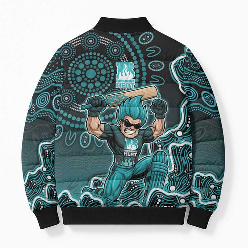 Brisbane Heat Cricket Mascot Bomber Puffer Jacket Aboriginal Dot Art Cyan And Black Tribal Pattern