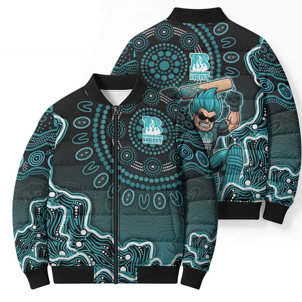 Brisbane Heat Cricket Mascot Bomber Puffer Jacket Aboriginal Dot Art Cyan And Black Tribal Pattern