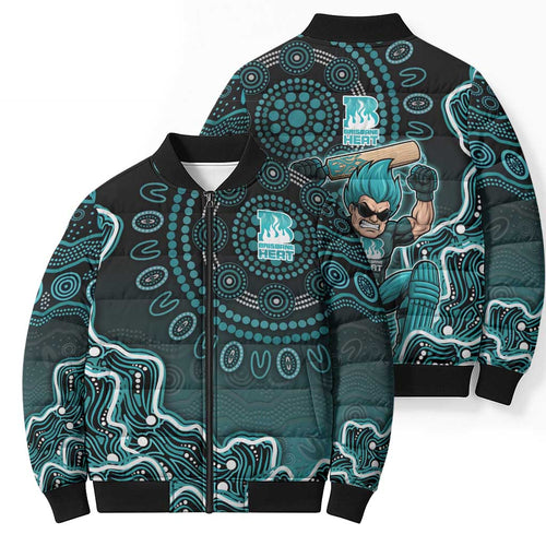Brisbane Heat Cricket Mascot Bomber Puffer Jacket Aboriginal Dot Art Cyan And Black Tribal Pattern