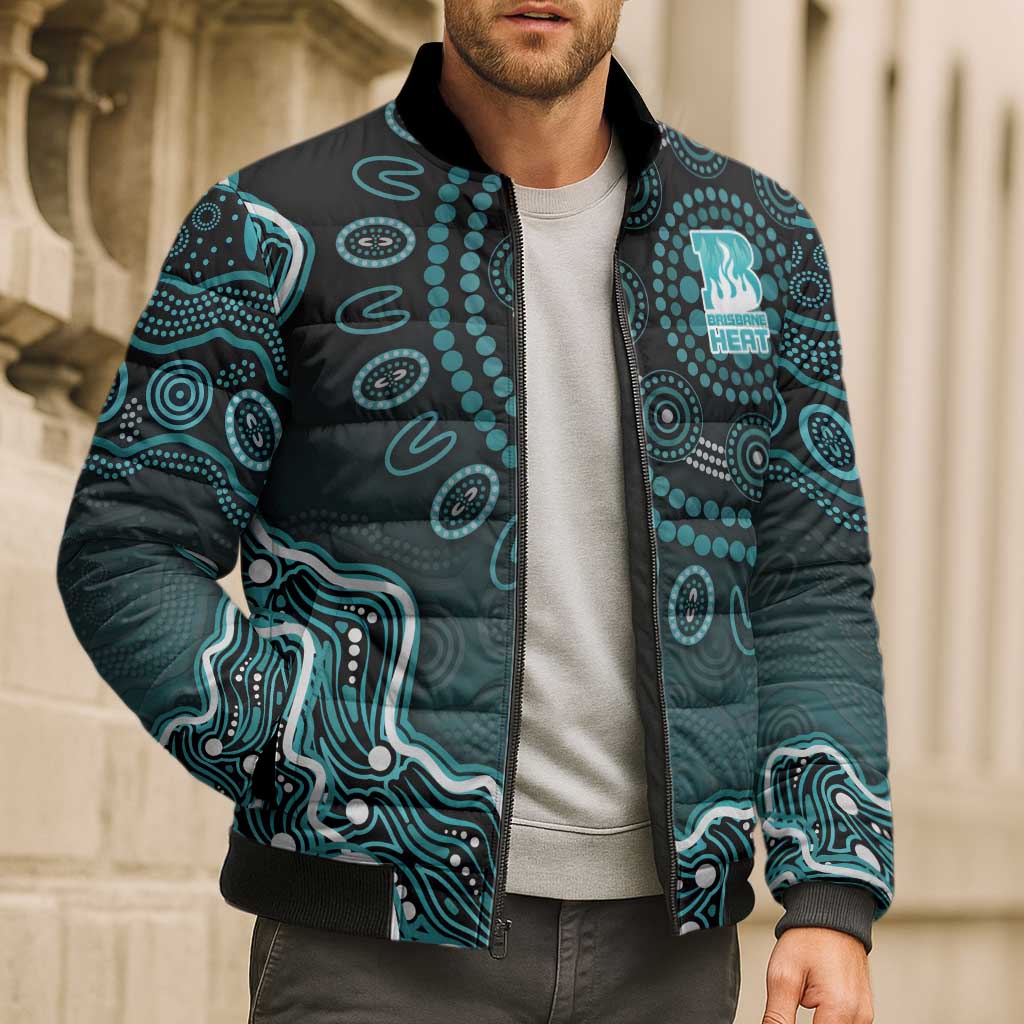 Brisbane Heat Cricket Mascot Bomber Puffer Jacket Aboriginal Dot Art Cyan And Black Tribal Pattern