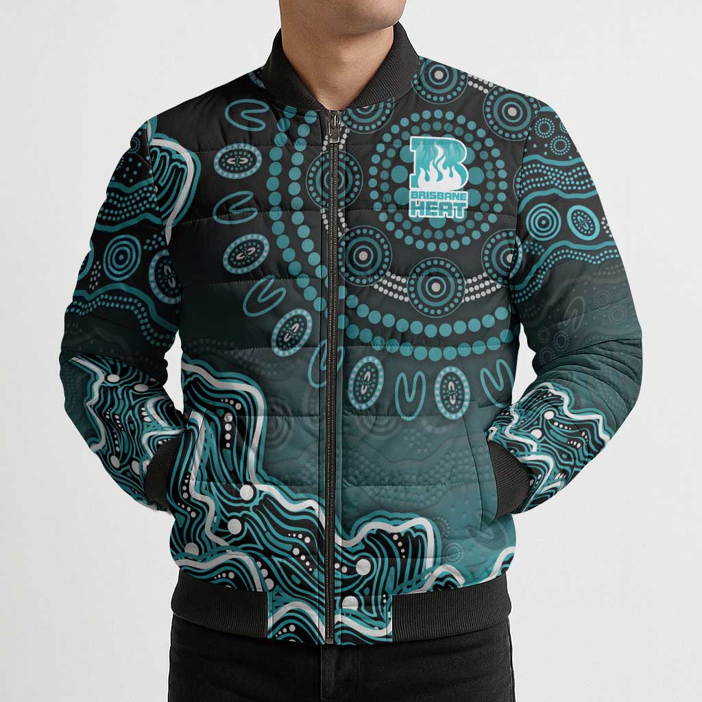 Brisbane Heat Cricket Mascot Bomber Puffer Jacket Aboriginal Dot Art Cyan And Black Tribal Pattern