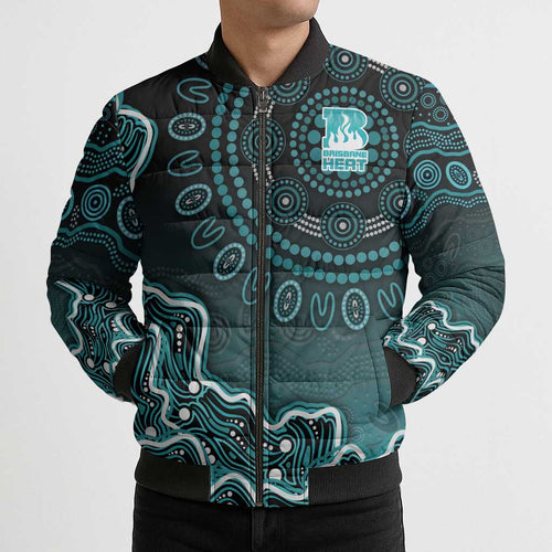 Brisbane Heat Cricket Mascot Bomber Puffer Jacket Aboriginal Dot Art Cyan And Black Tribal Pattern