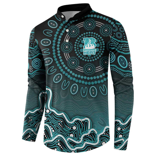 Brisbane Heat Cricket Mascot Button Sweatshirt Aboriginal Dot Art Cyan And Black Tribal Pattern