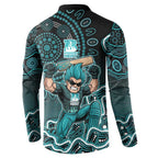 Brisbane Heat Cricket Mascot Button Sweatshirt Aboriginal Dot Art Cyan And Black Tribal Pattern