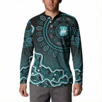 Brisbane Heat Cricket Mascot Button Sweatshirt Aboriginal Dot Art Cyan And Black Tribal Pattern