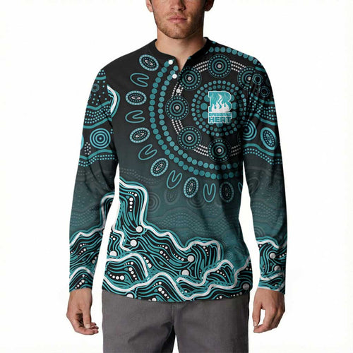 Brisbane Heat Cricket Mascot Button Sweatshirt Aboriginal Dot Art Cyan And Black Tribal Pattern