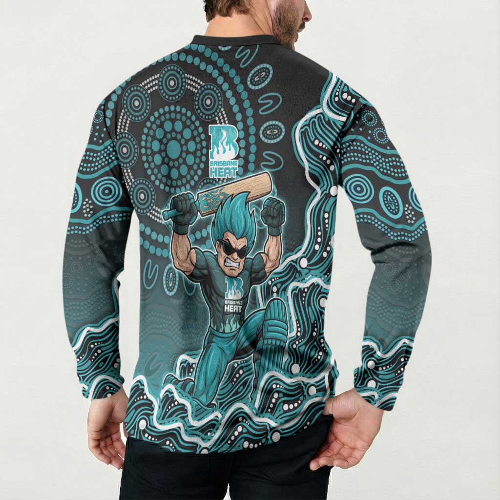 Brisbane Heat Cricket Mascot Button Sweatshirt Aboriginal Dot Art Cyan And Black Tribal Pattern