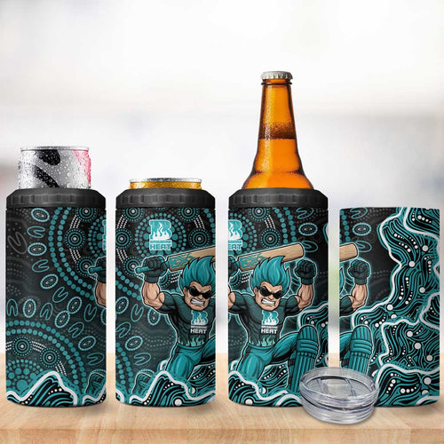 Brisbane Heat Cricket Mascot 4 in 1 Can Cooler Tumbler Aboriginal Dot Art Cyan And Black Tribal Pattern