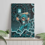 Brisbane Heat Cricket Mascot Canvas Wall Art Aboriginal Dot Art Cyan And Black Tribal Pattern