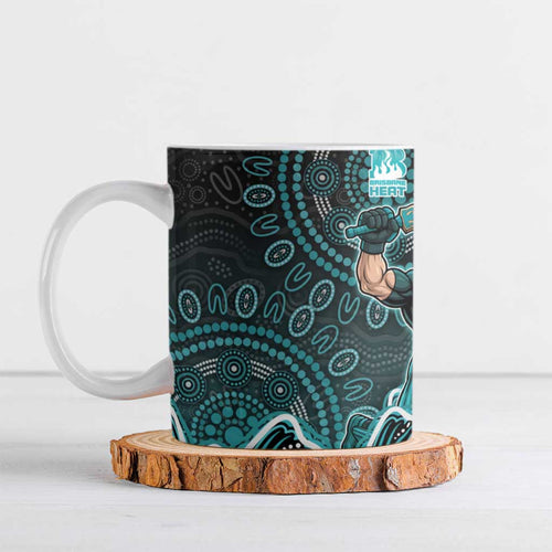 Brisbane Heat Cricket Mascot Ceramic Mug Aboriginal Dot Art Cyan And Black Tribal Pattern