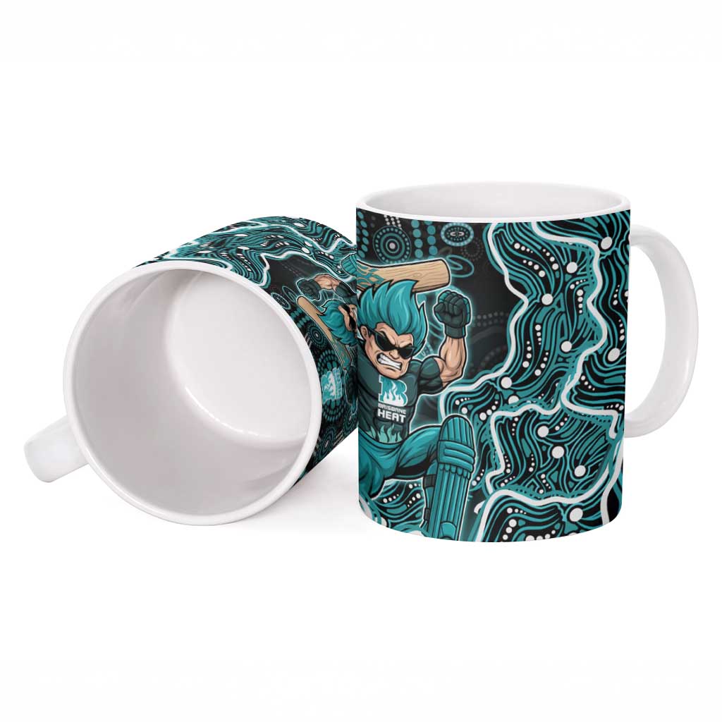 Brisbane Heat Cricket Mascot Ceramic Mug Aboriginal Dot Art Cyan And Black Tribal Pattern