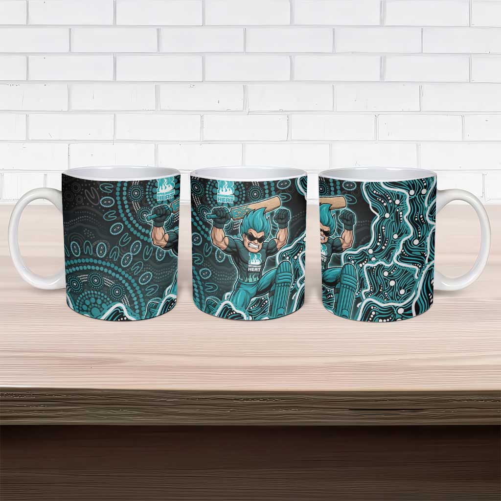 Brisbane Heat Cricket Mascot Ceramic Mug Aboriginal Dot Art Cyan And Black Tribal Pattern