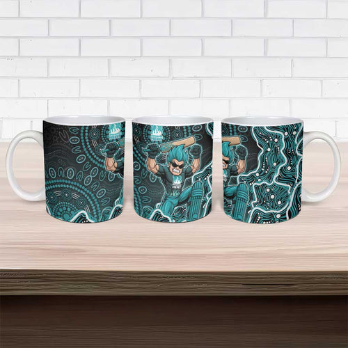 Brisbane Heat Cricket Mascot Ceramic Mug Aboriginal Dot Art Cyan And Black Tribal Pattern