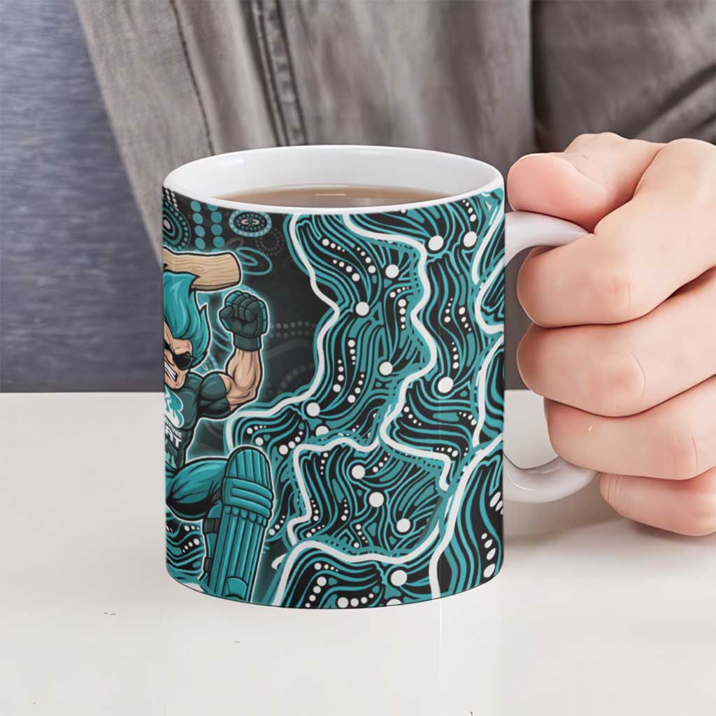 Brisbane Heat Cricket Mascot Ceramic Mug Aboriginal Dot Art Cyan And Black Tribal Pattern