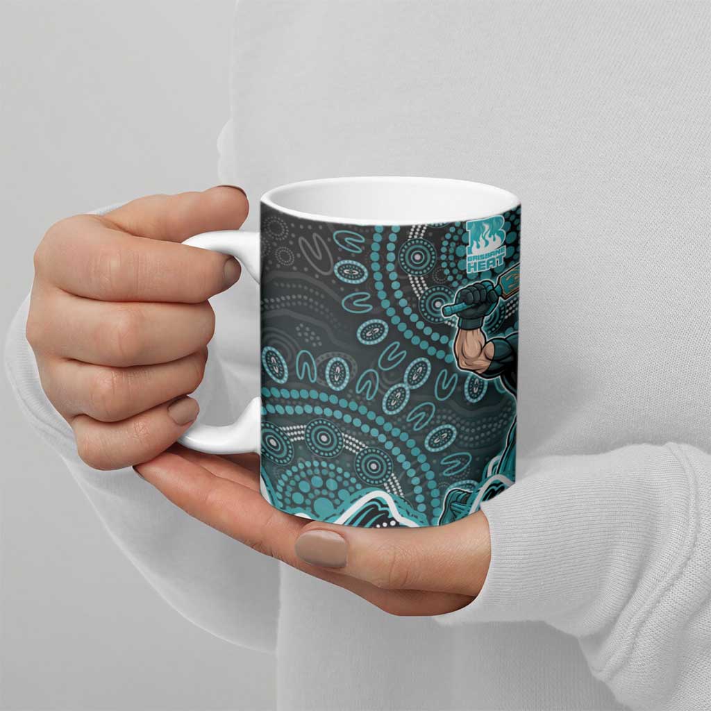 Brisbane Heat Cricket Mascot Ceramic Mug Aboriginal Dot Art Cyan And Black Tribal Pattern