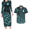 Brisbane Heat Cricket Mascot Couples Matching Long Sleeve Bodycon Dress and Hawaiian Shirt Aboriginal Dot Art Cyan And Black Tribal Pattern