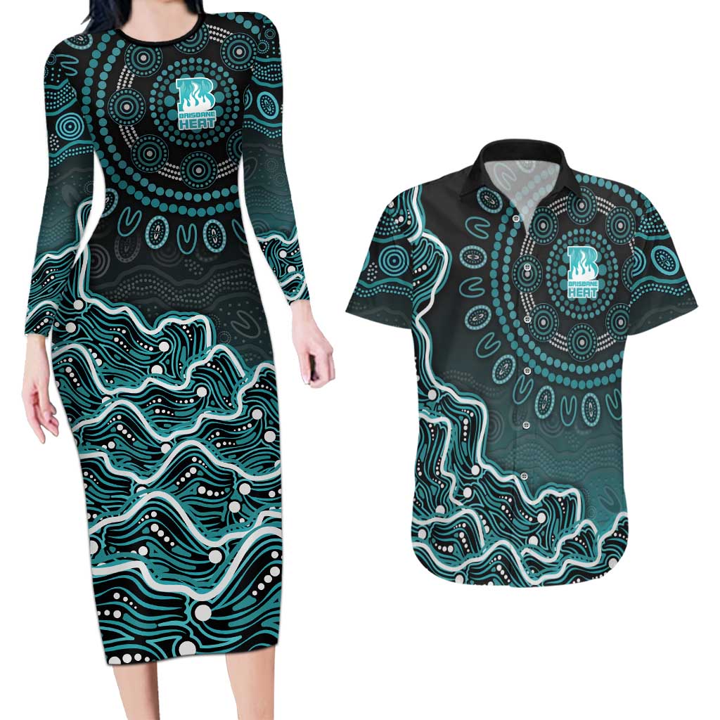 Brisbane Heat Cricket Mascot Couples Matching Long Sleeve Bodycon Dress and Hawaiian Shirt Aboriginal Dot Art Cyan And Black Tribal Pattern