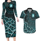 Brisbane Heat Cricket Mascot Couples Matching Long Sleeve Bodycon Dress and Hawaiian Shirt Aboriginal Dot Art Cyan And Black Tribal Pattern