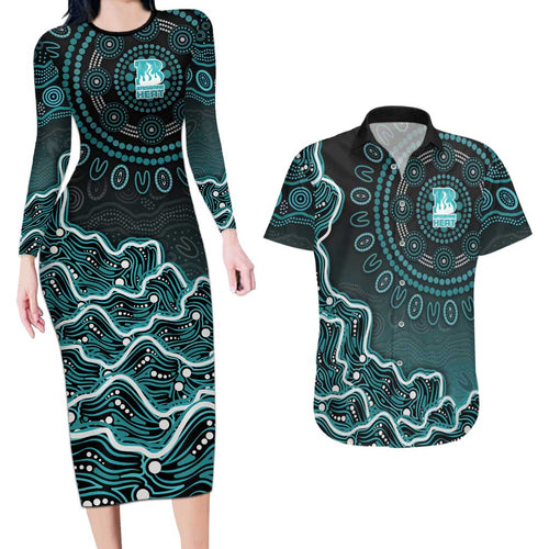 Brisbane Heat Cricket Mascot Couples Matching Long Sleeve Bodycon Dress and Hawaiian Shirt Aboriginal Dot Art Cyan And Black Tribal Pattern