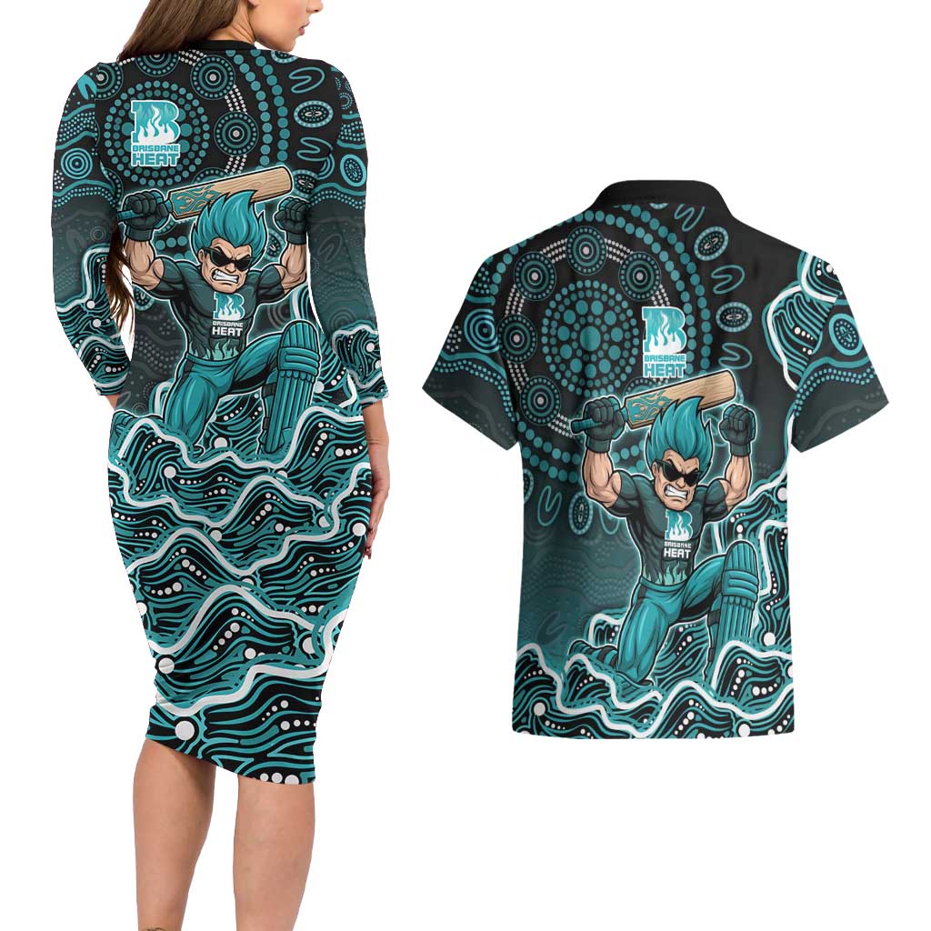 Brisbane Heat Cricket Mascot Couples Matching Long Sleeve Bodycon Dress and Hawaiian Shirt Aboriginal Dot Art Cyan And Black Tribal Pattern