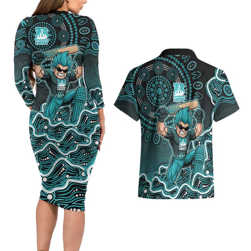 Brisbane Heat Cricket Mascot Couples Matching Long Sleeve Bodycon Dress and Hawaiian Shirt Aboriginal Dot Art Cyan And Black Tribal Pattern
