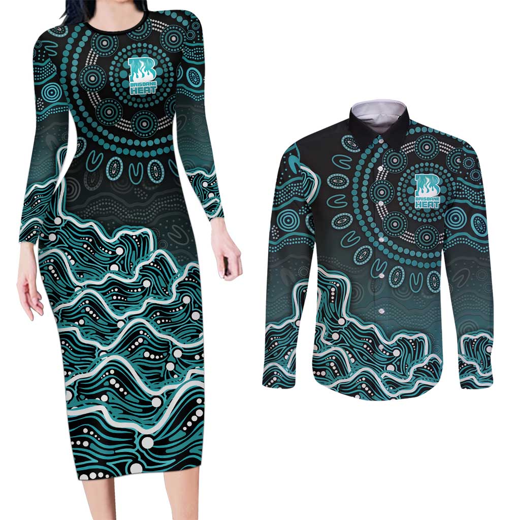 Brisbane Heat Cricket Mascot Couples Matching Long Sleeve Bodycon Dress and Long Sleeve Button Shirt Aboriginal Dot Art Cyan And Black Tribal Pattern