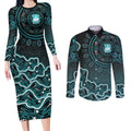 Brisbane Heat Cricket Mascot Couples Matching Long Sleeve Bodycon Dress and Long Sleeve Button Shirt Aboriginal Dot Art Cyan And Black Tribal Pattern
