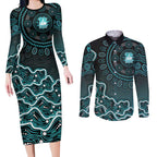Brisbane Heat Cricket Mascot Couples Matching Long Sleeve Bodycon Dress and Long Sleeve Button Shirt Aboriginal Dot Art Cyan And Black Tribal Pattern
