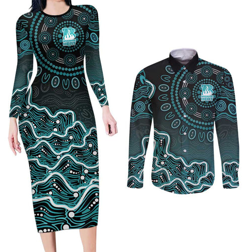 Brisbane Heat Cricket Mascot Couples Matching Long Sleeve Bodycon Dress and Long Sleeve Button Shirt Aboriginal Dot Art Cyan And Black Tribal Pattern