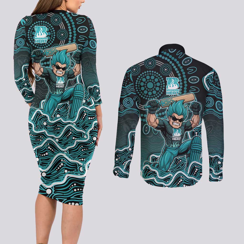 Brisbane Heat Cricket Mascot Couples Matching Long Sleeve Bodycon Dress and Long Sleeve Button Shirt Aboriginal Dot Art Cyan And Black Tribal Pattern