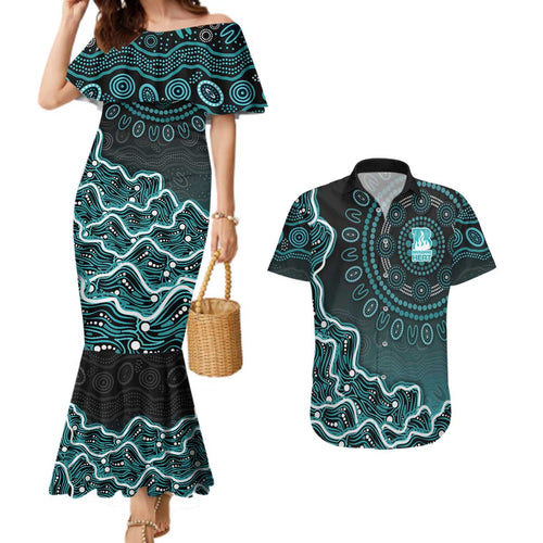Brisbane Heat Cricket Mascot Couples Matching Mermaid Dress and Hawaiian Shirt Aboriginal Dot Art Cyan And Black Tribal Pattern